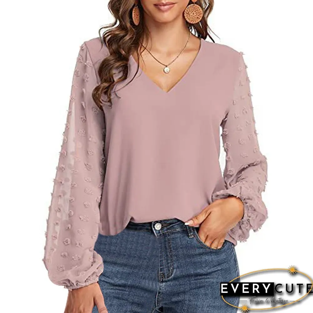 Purple Pink V Neck Splicing Swiss Dot Long Sleeve Blouse