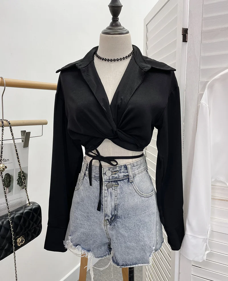 Churchf French Style With Short V-Neck Shirt Spring Sleeve Polo Collar Navel Navel Dress Top Female 881