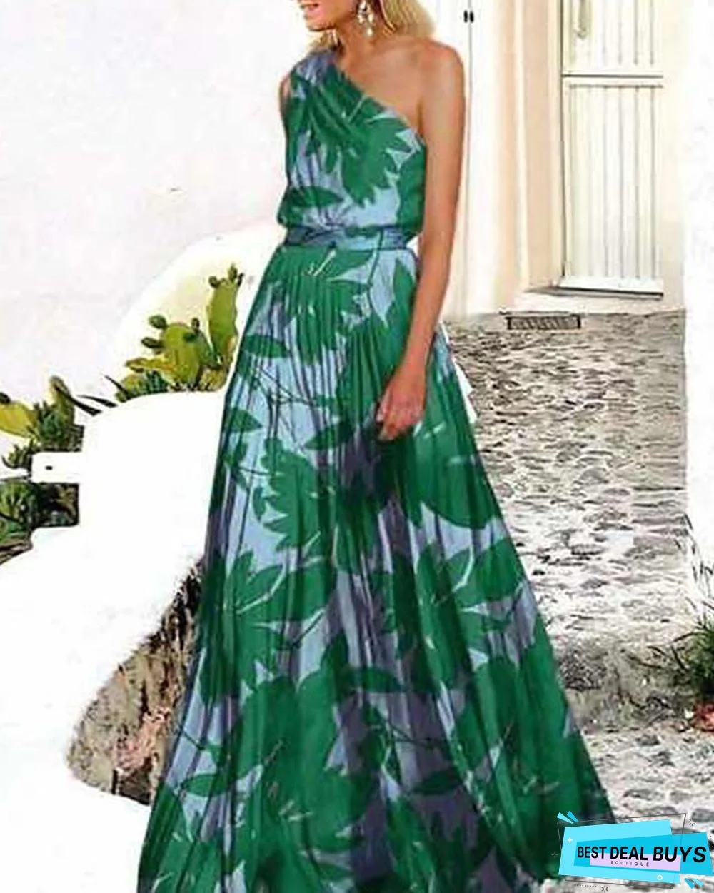 Women's Swing Dress Maxi Long Dress Sleeveless Print Trees / Leaves Spring & Summer One Shoulder Hot Holiday Beach Vacation Dresses Green Rose Red