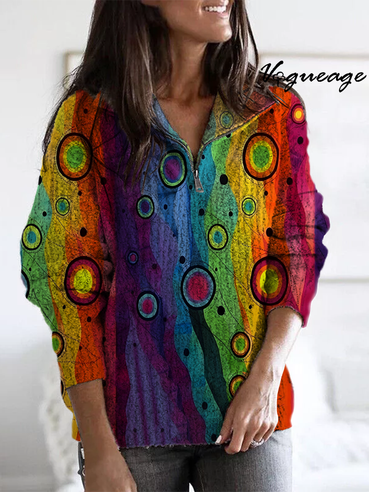 Women's Abstract Art Pattern Print Long Sleeve Zip Sweater