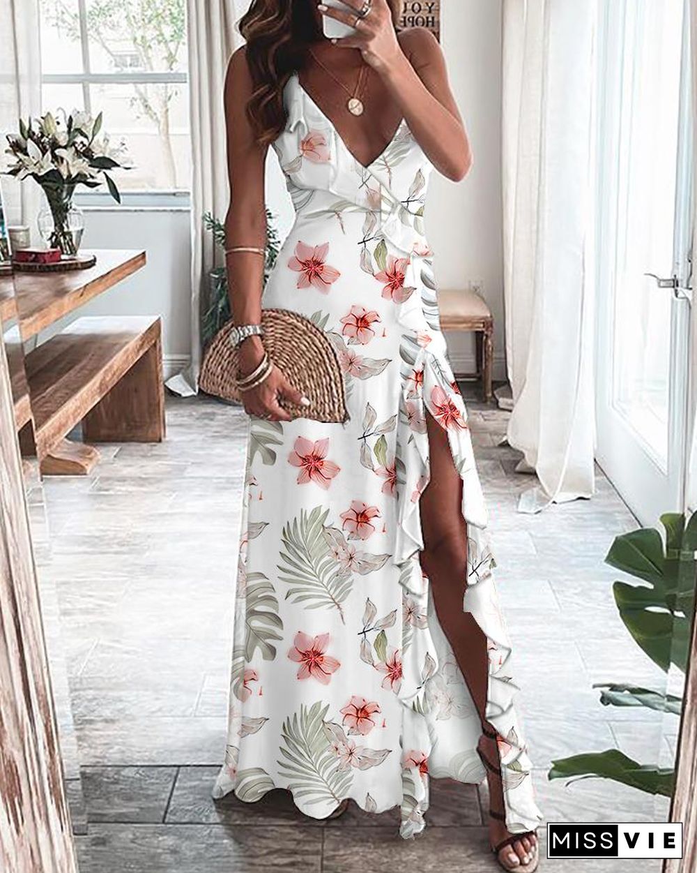Floral Print Split Thigh Ruffle Hem Cami Dress