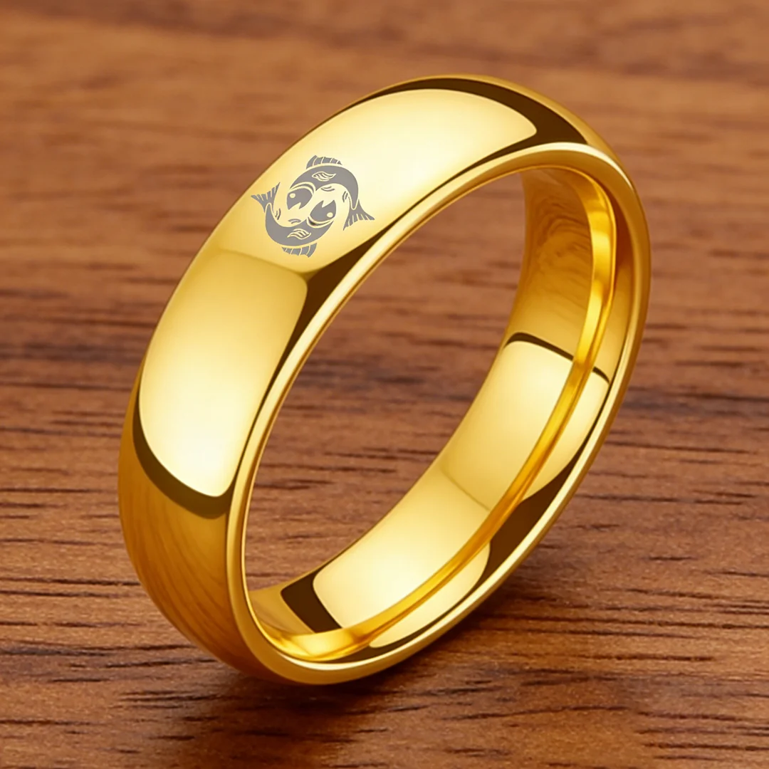 4MM 6MM 8MM Width Gold Pisces Tungsten Carbide Rings Prints Laser Design Domed Top Tungsten Wedding Bands 
