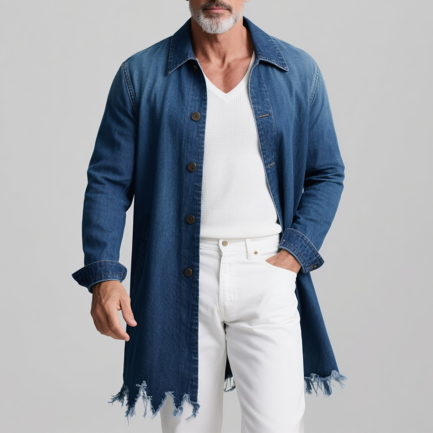 Men's Shirt Collar Long Sleeve Button Front Raw Edge Long Denim Jacket