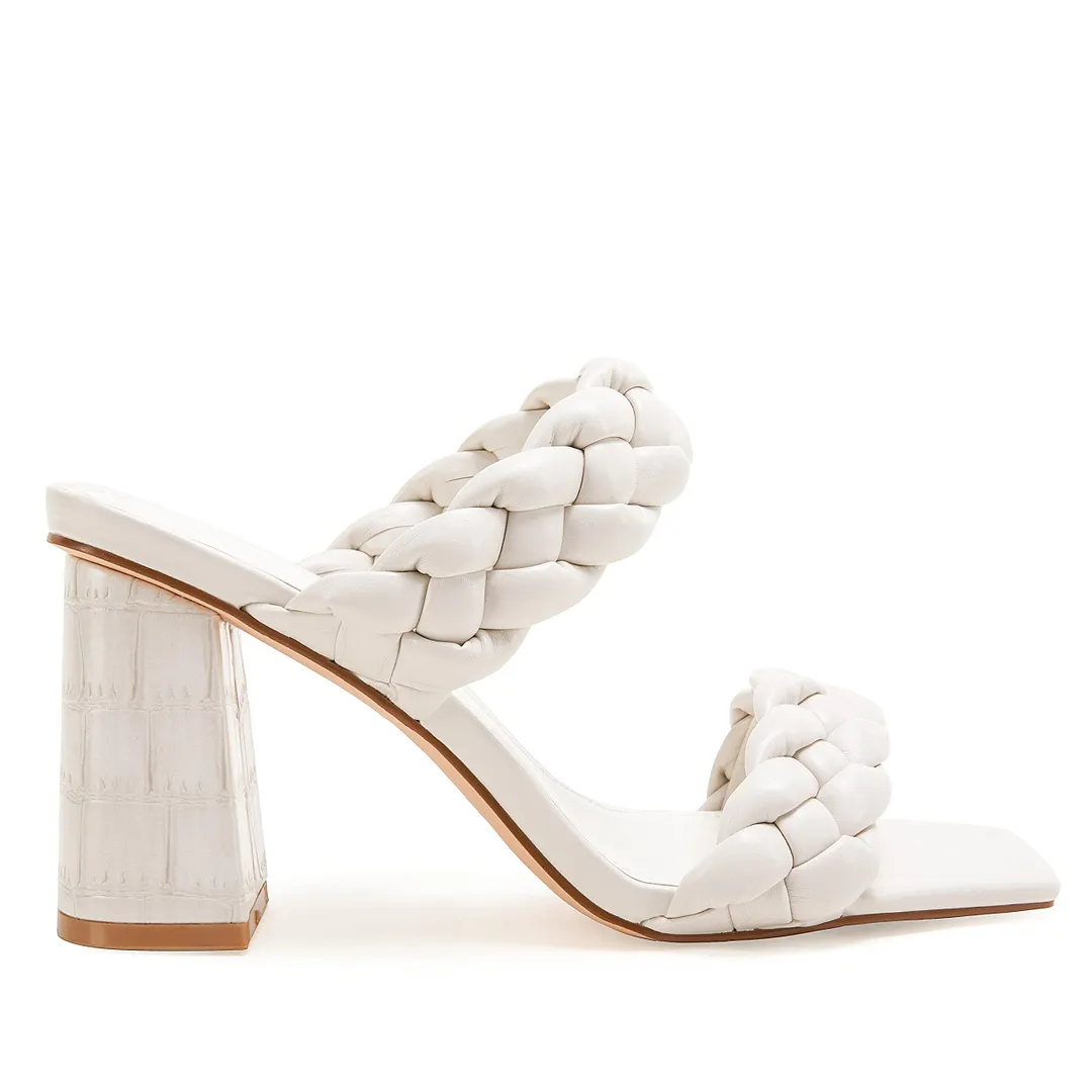 Women's Backless Square Open Toe Block Strappy Braided Heeled Sandals Light Color-vocosishoes