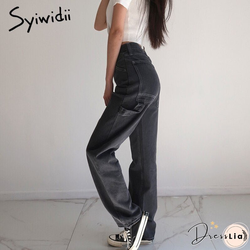 JOSKAA High Waisted Jeans for Women Black Denim Pants Clothes Lace Up Spliced Trousers Straight Fashion Vintage Streetwear NEW