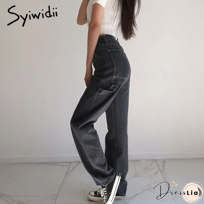 JOSKAA High Waisted Jeans for Women Black Denim Pants Clothes Lace Up Spliced Trousers Straight Fashion Vintage Streetwear NEW