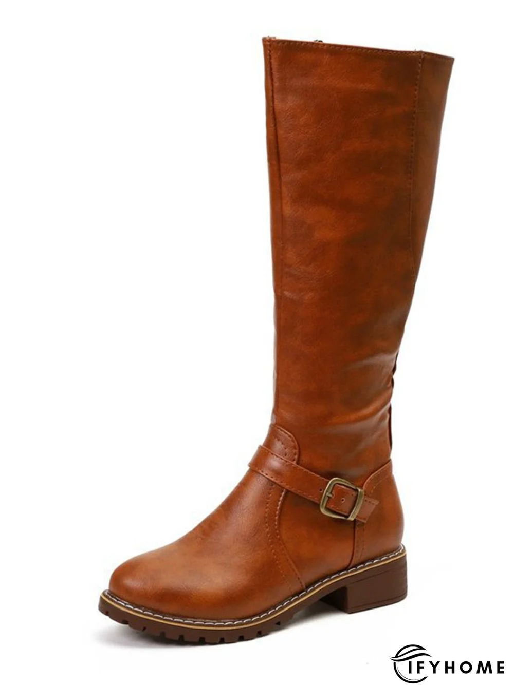 Vintage Round Toe Buckle Tall Boots Chunky Heel Riding Boots | IFYHOME