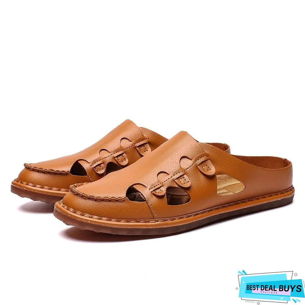 Men's Genuine Leather Sandals Shoes Summer Leisure Beach Sandals Slippers
