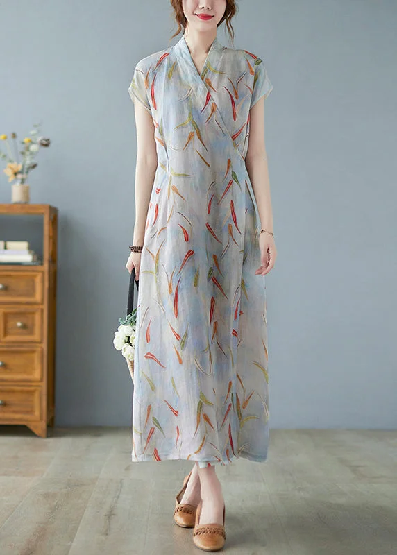 Vintage Print Tie Waist Linen Long Dress Summer