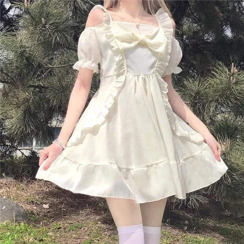 Almond Lilly Kawaii Princess Lolita Off-Shoulder Spring Bow Mini Dress SS2063