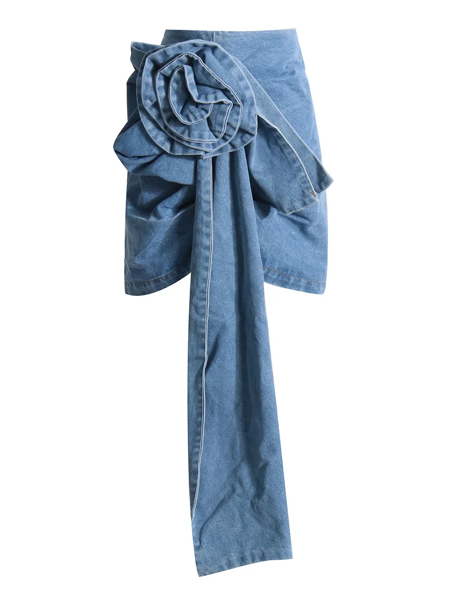 Toloer Toloer Spring New Stereo Rose Decorative Design Sense High Waist Show Thin Denim Skirt Women's A Word Wrap Hip Skirt-Outfit Ideas