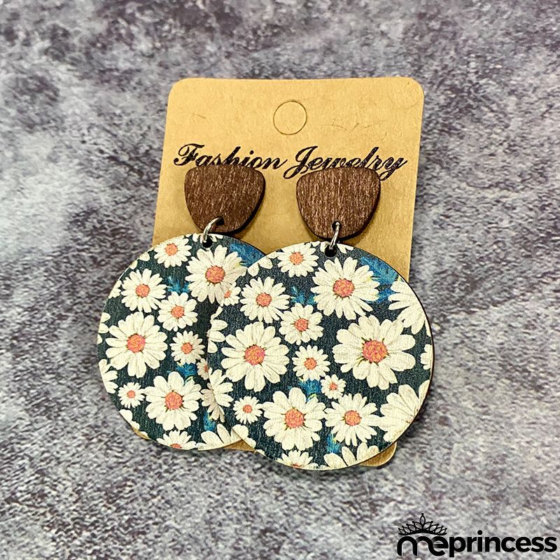 Women Fashion Retro Bohemian Flower Stitching Wooden Earrings