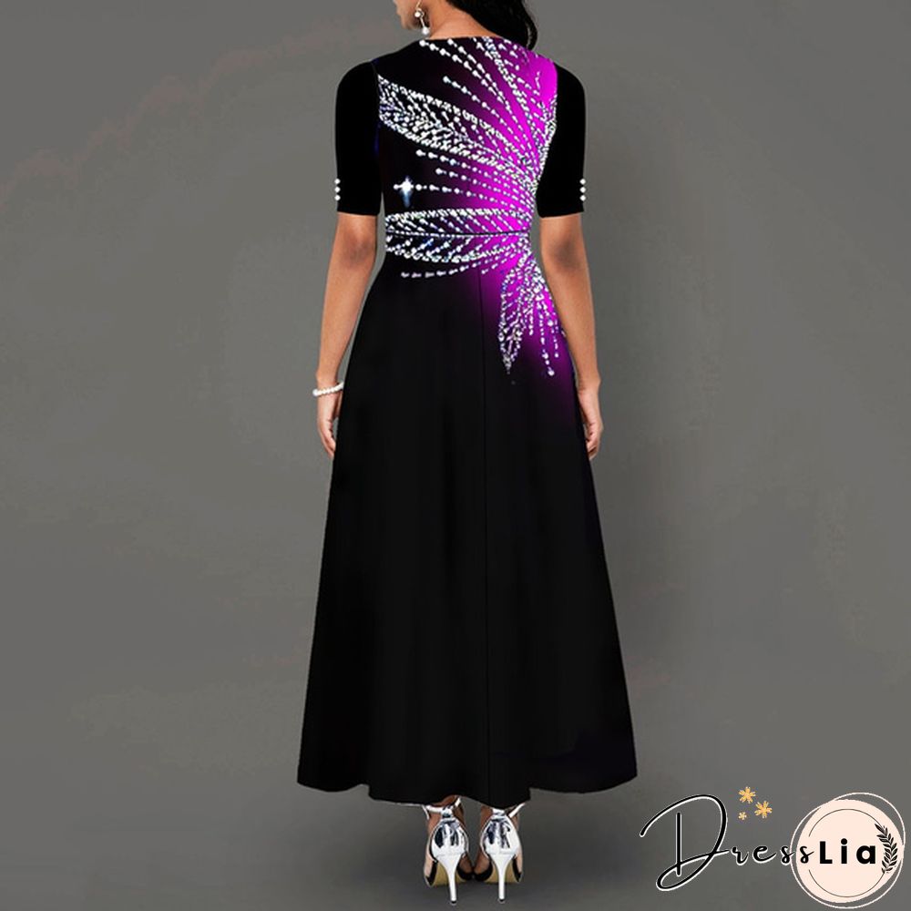 Women Button Detail Half Sleeve Floral Print Long Dress Gradient Maxi Dress