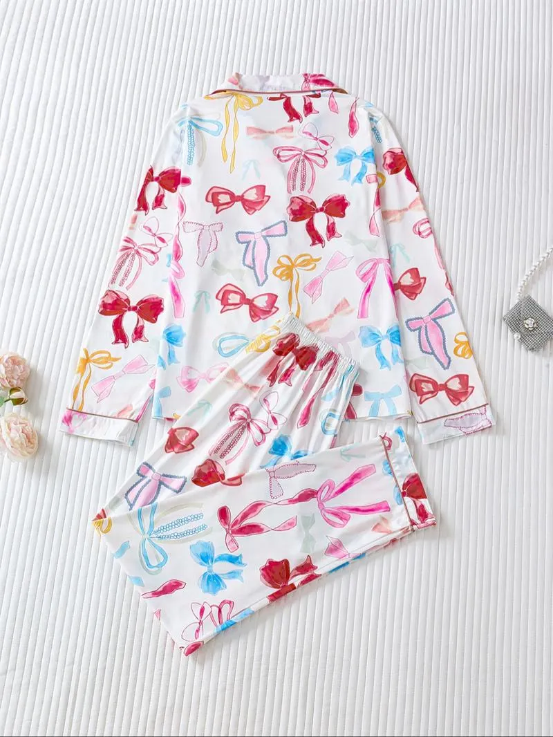 Two-piece Set Women's Bow Print Button Front Pocket Shirt & Elastic Waist Pants Pajama, Casual Comfy Long Sleeve Lapel Neck Top & Trousers Pj Set, Ladies Sleepwear for Spring & Fall