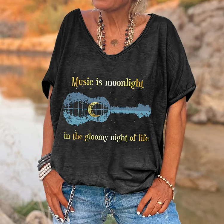 Music Is Moonlight In The Gloomy Night Of Life Printed V-neck Women's T-shirt