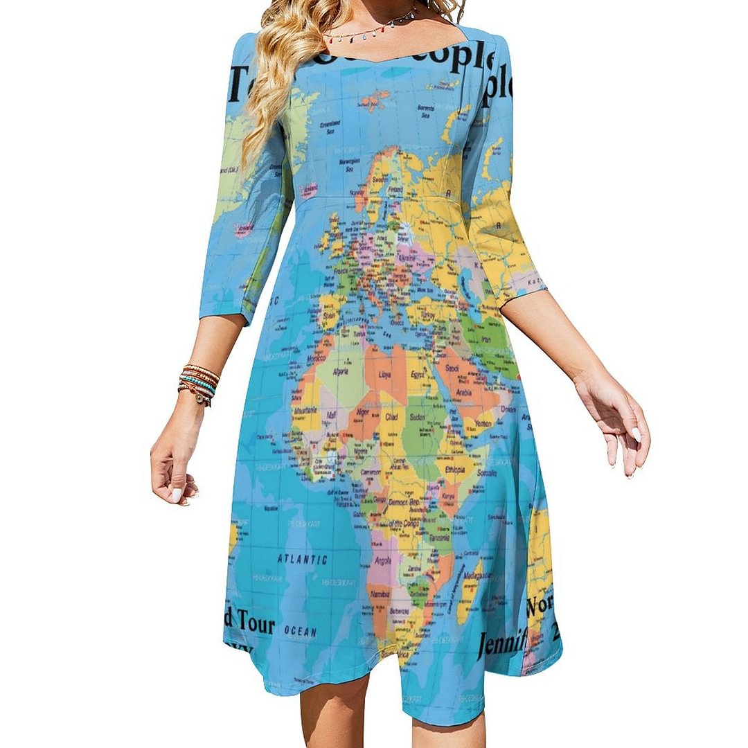 World Map Your Name Yoga Pants S To Xl Dress Sweetheart Tie Back Flared 3/4 Sleeve Midi Dresses