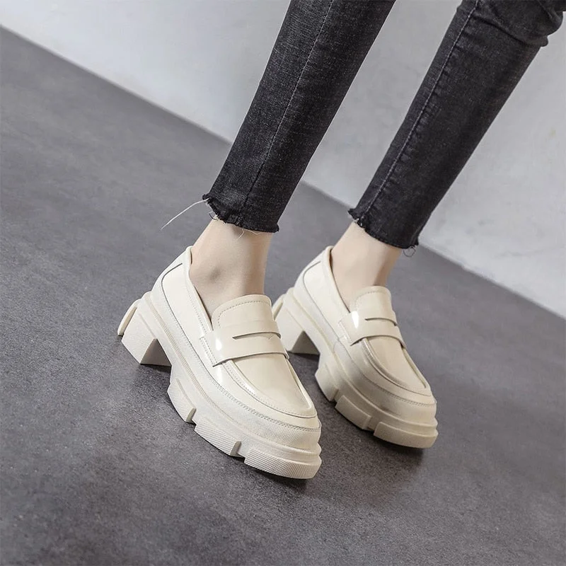 Retro Fashion Loafers Shoes For Women 2022 Spring New Designed British Style Cowhide Solid Color Platform Thicken Heel Shoes