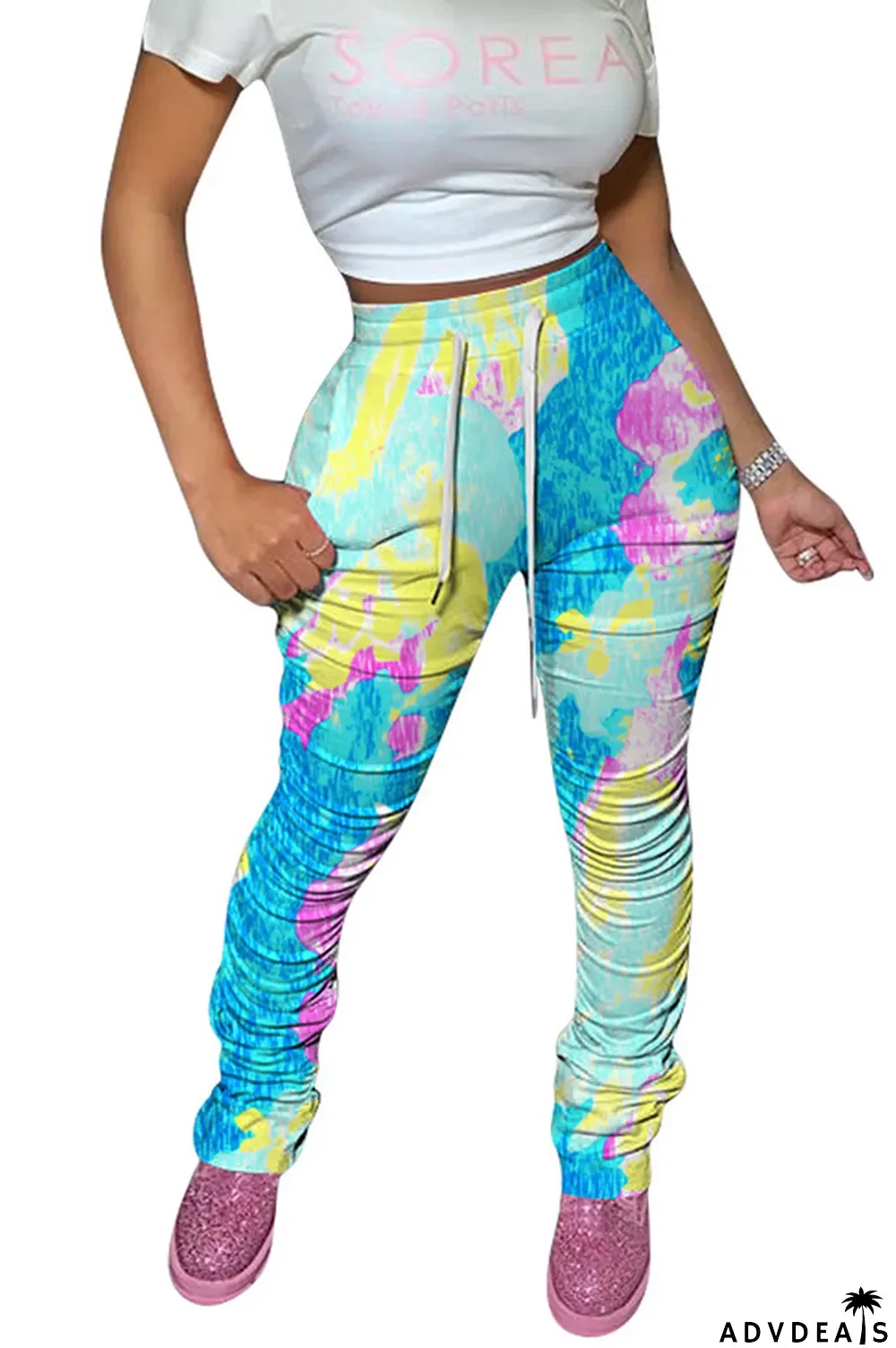 Green colour Polyester Drawstring Sleeveless High Patchwork Print bandage Draped pencil Pants Bottoms