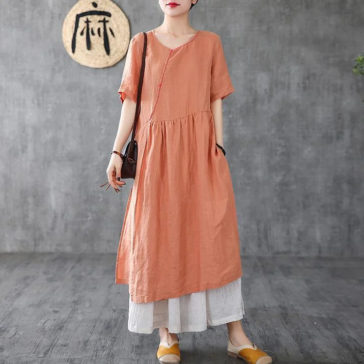 Style brown linen clothes For Women o neck pockets Maxi Dress