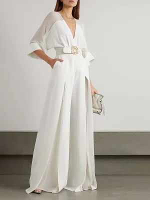 Image of Solid Color Split-Front Contrast Color Tied Waist High Waisted V-Neck Jumpsuits