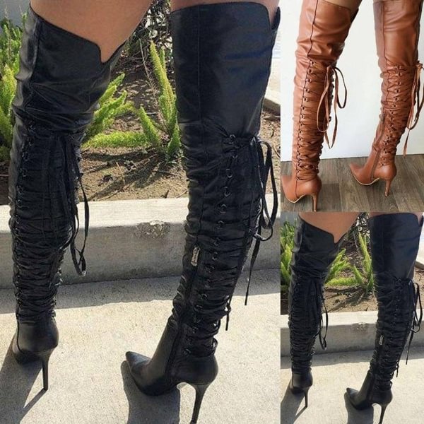 New Arrival Women Fashion Over The Knee Boots High Heel Boots Thigh Boots Lace Up Long Boots Pointed Toe High Boots Women Booties Bandage Shoes - Shop Trendy Women's Clothing | LoverChic