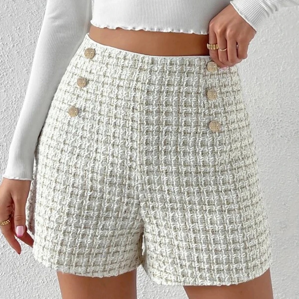 New High Waist Tweed Shorts Women Casual Loose Ladies Fashion Spring Autumn Slim Button Shorts All-match