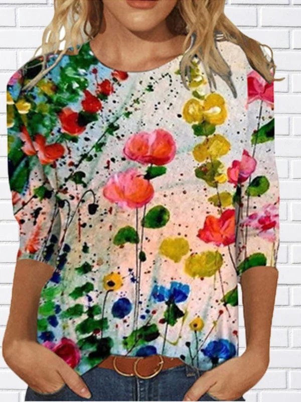 Women 3/4 Sleeve Scoop Neck Floral Printed Graphic Top