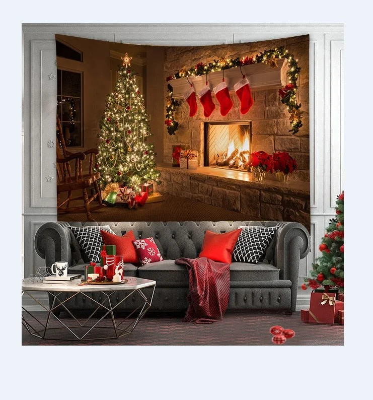 Christmas Tree Print Tapestry Wall Hanging Background Cloth Decor Red Santa Claus Polyester Tapestry Home Room Wall Decoration