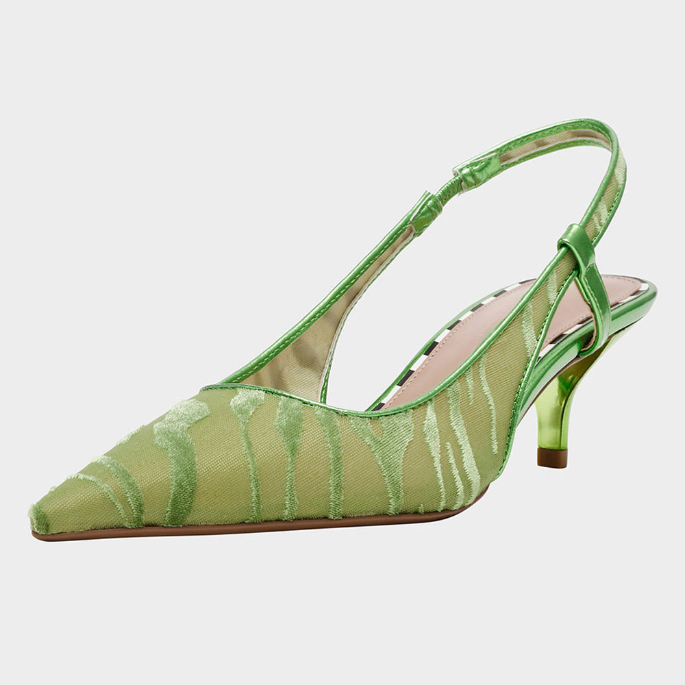 Women's Green Zebra Pattern Pointed Toe Slingback Kitten Heel Pumps Nicepairs