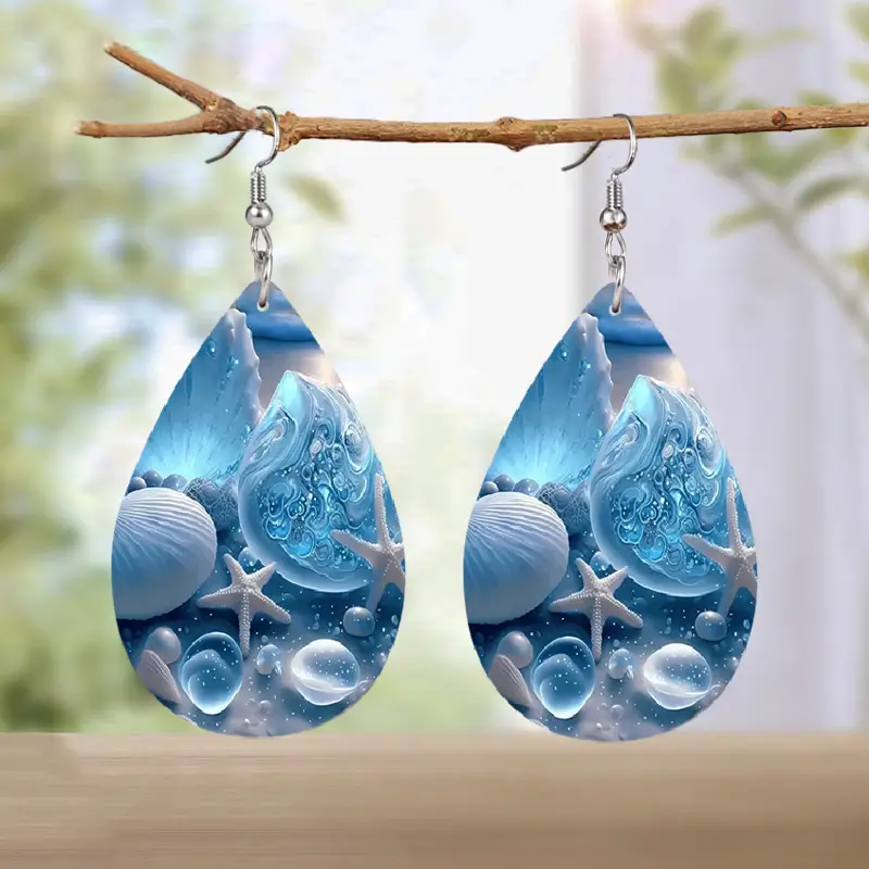 droplet shape fantasy blue shell pattern dangle earrings boho ocean style vacation earrings details 1