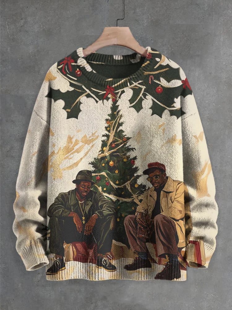 Men's Black Men Christmas Tree Holly Print Knit Sweatshirt