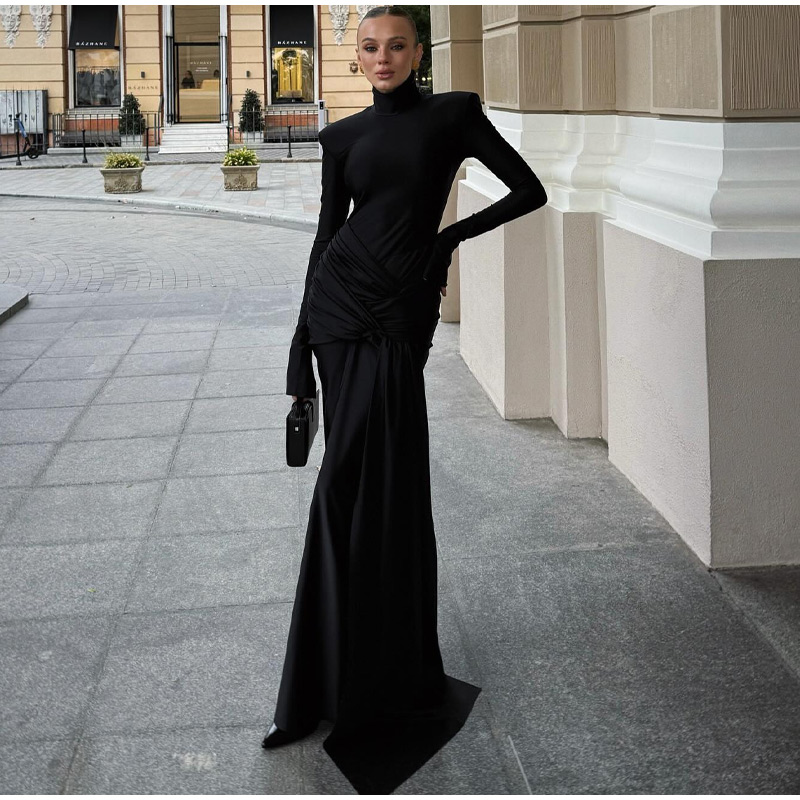 Elegant Black High Neck Bodycon Maxi Dresses Sexy O-neck Long Sleeve Shoulder Pad Lace Up Vestidos 2024 Autumn Lady Party Robes 13 Elegant Black High Neck Bodycon Maxi Dresses Sexy O-neck Long Sleeve Shoulder Pad Lace Up Vestidos 2024 Autumn Lady Party Robes