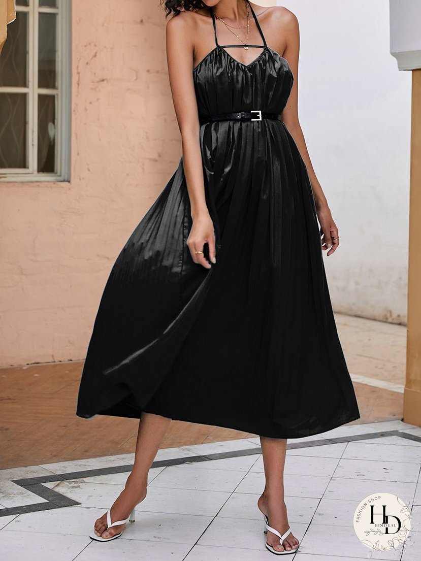 Dresses Solid Hanging Neck Pleated Maxi Dress for Women