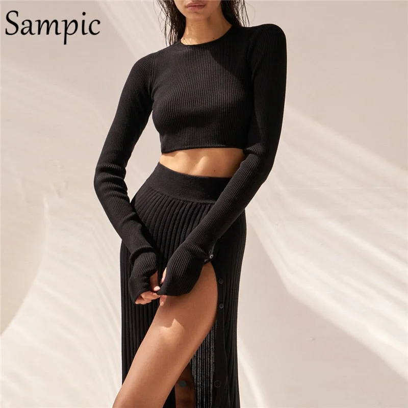 Sampic Khaki 2020 Two Piece Set Women Knitted Long Sleeve Pullover Sweater Tops And Midi Split Bodycon Pleated Skirt Set Outfits