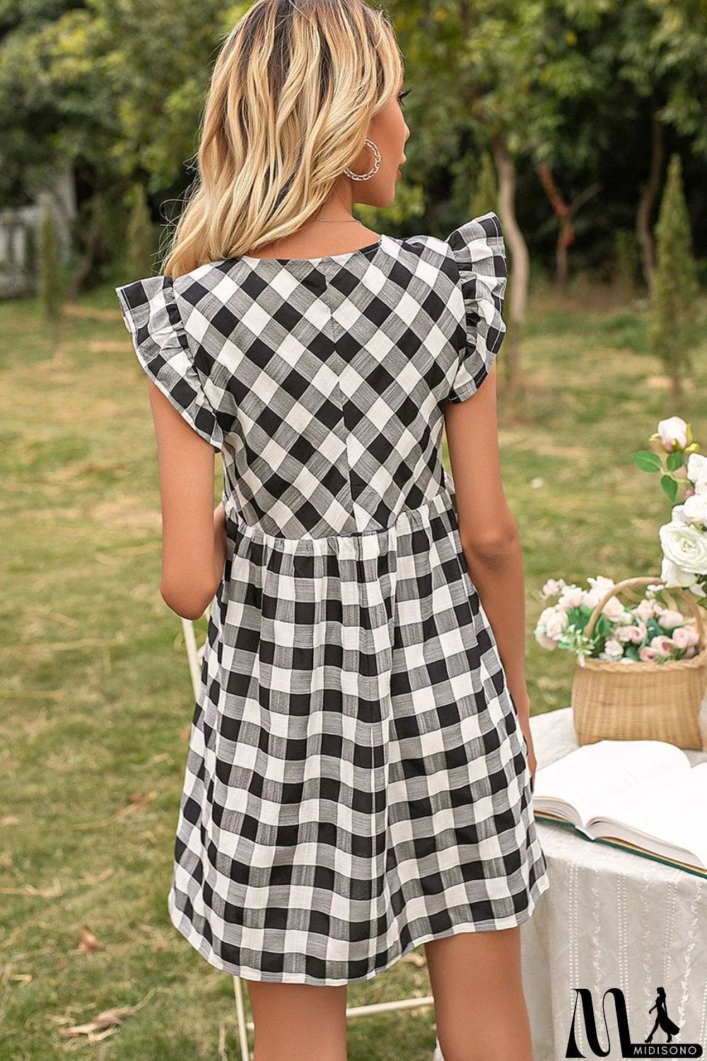 MidiSono - Plaid Butterfly Sleeve Deep V Dress