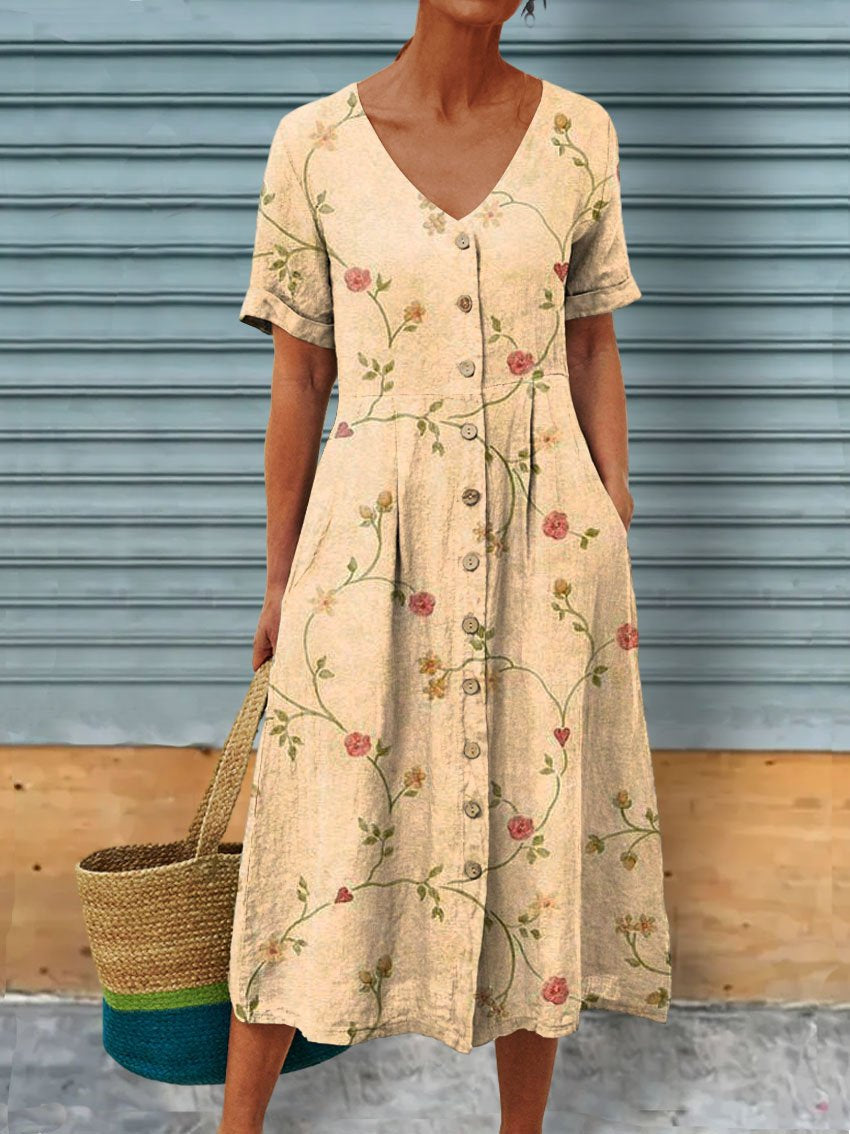 Women’s Vintage Elegant Floral Art Pattern Print Casual Linen Pocket Tunic Dress Multicolor / S