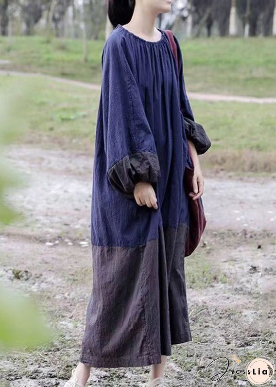 Vintage Colorblock Cinched Patchwork Maxi Dresses Long Sleeve