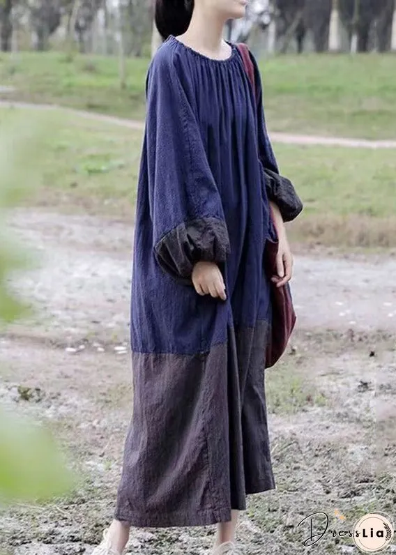 Vintage Colorblock Cinched Patchwork Maxi Dresses Long Sleeve