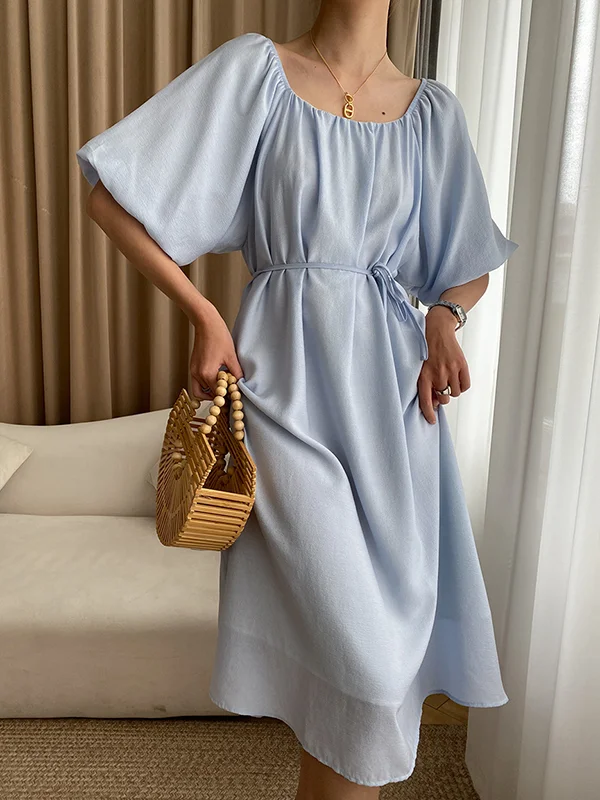 Short Sleeves Pure Color Square-Neck Midi Dresses