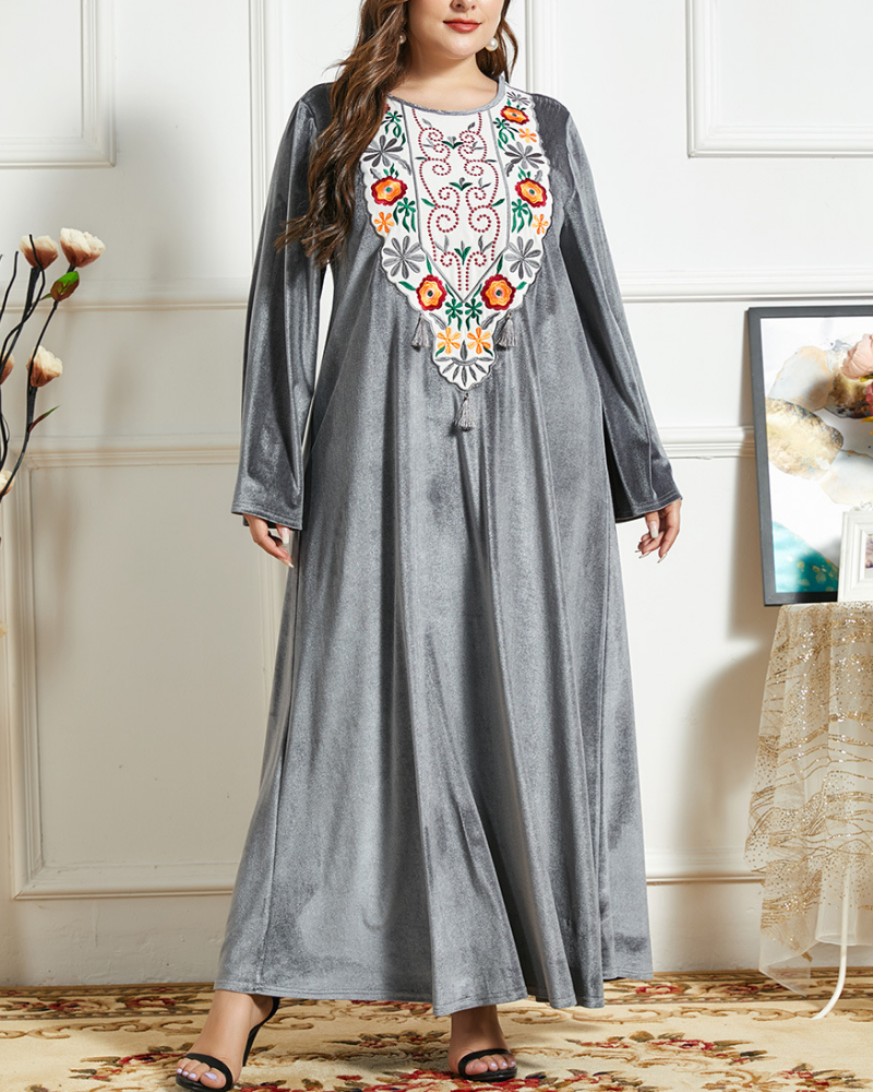 Fashion Solid Color Loose Waist Grey Velvet Embroidered Long Sleeve Large Swing Dress