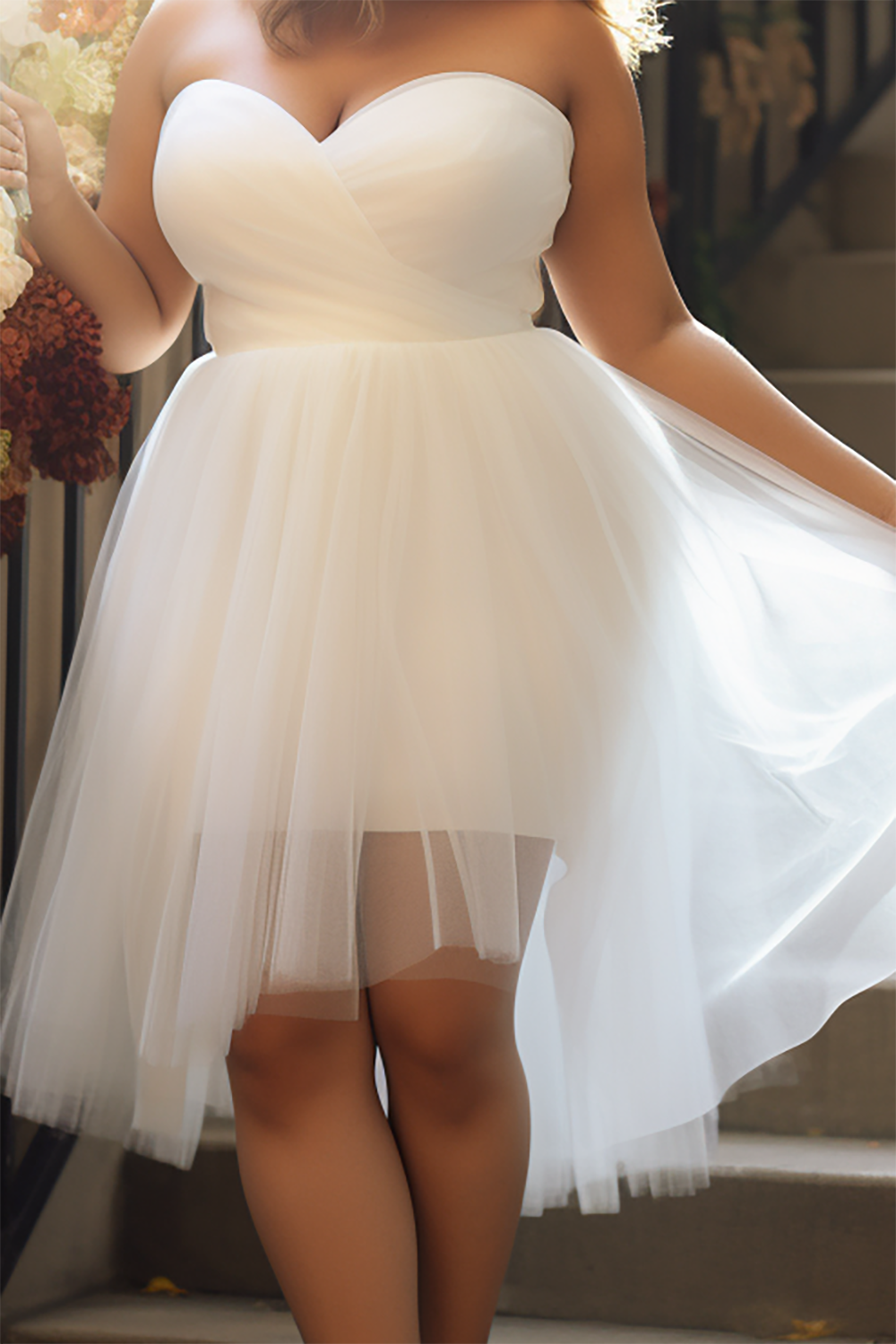 Design Plus Size Wedding Guest Elegant White Strapless Tulle Mini Dresses [Pre-Order]
