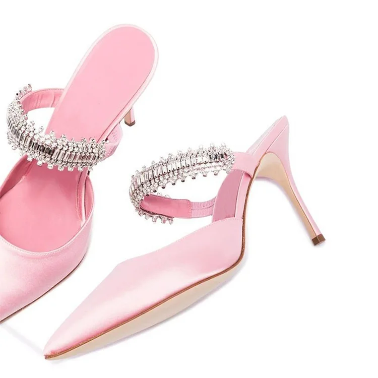 Light Pink Satin Stiletto Heels Pointed Toe Rhinestone Mules Shoes |FSJ Shoes