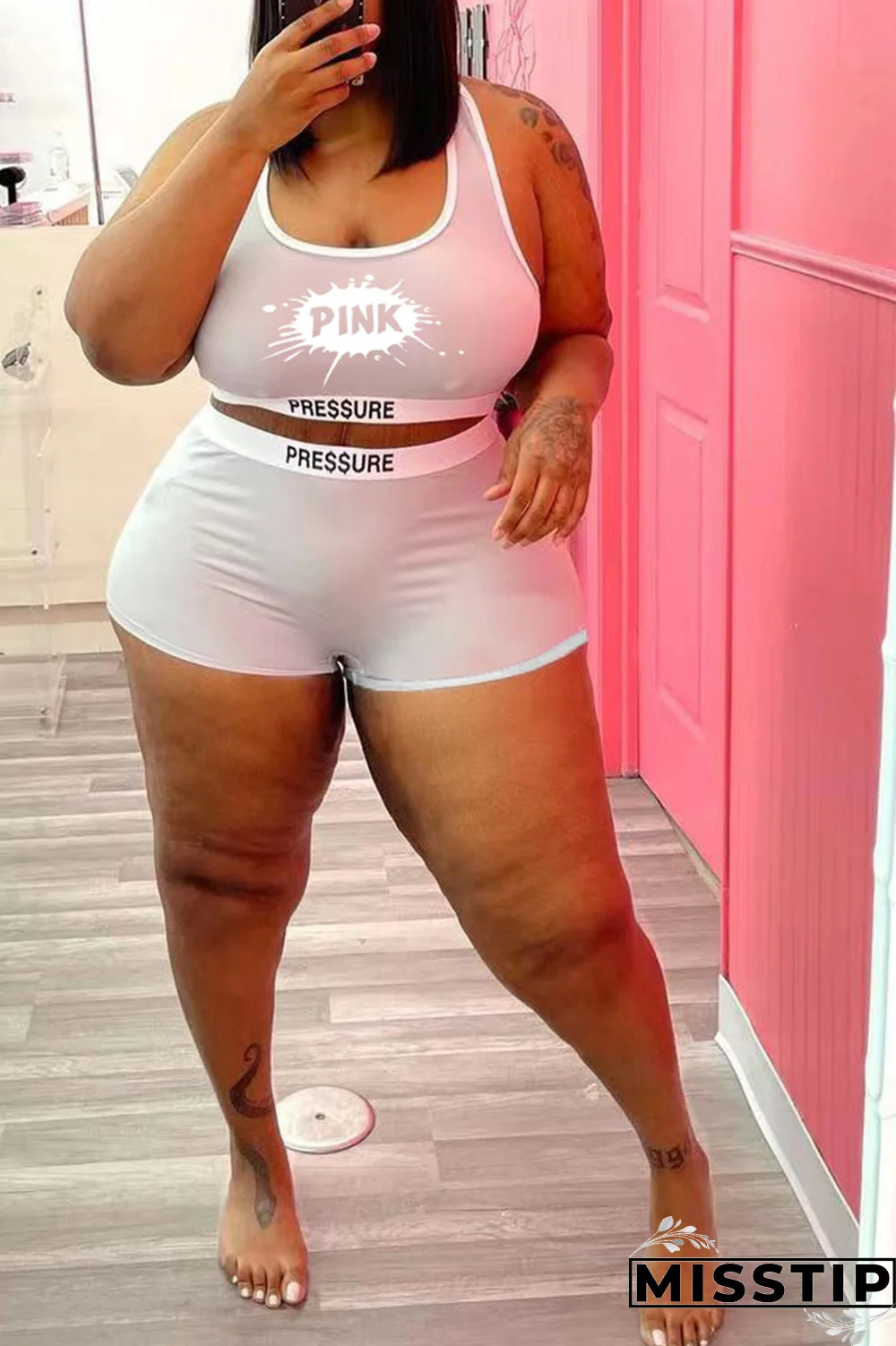 Black Street Print Patchwork U Neck Plus Size Two Pieces