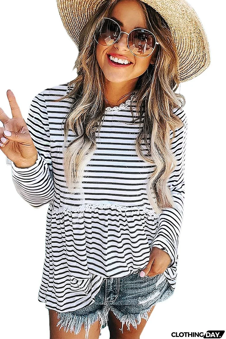 Flowy A-line Stiped Print Long Sleeve Top