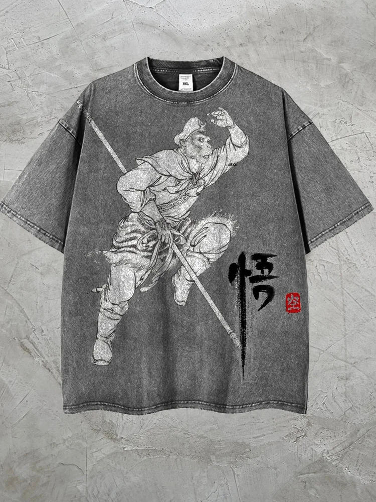 Unisex Retro Washed Journey to the West Culture Monkey King Flying Printed Short Sleeve T-shirt