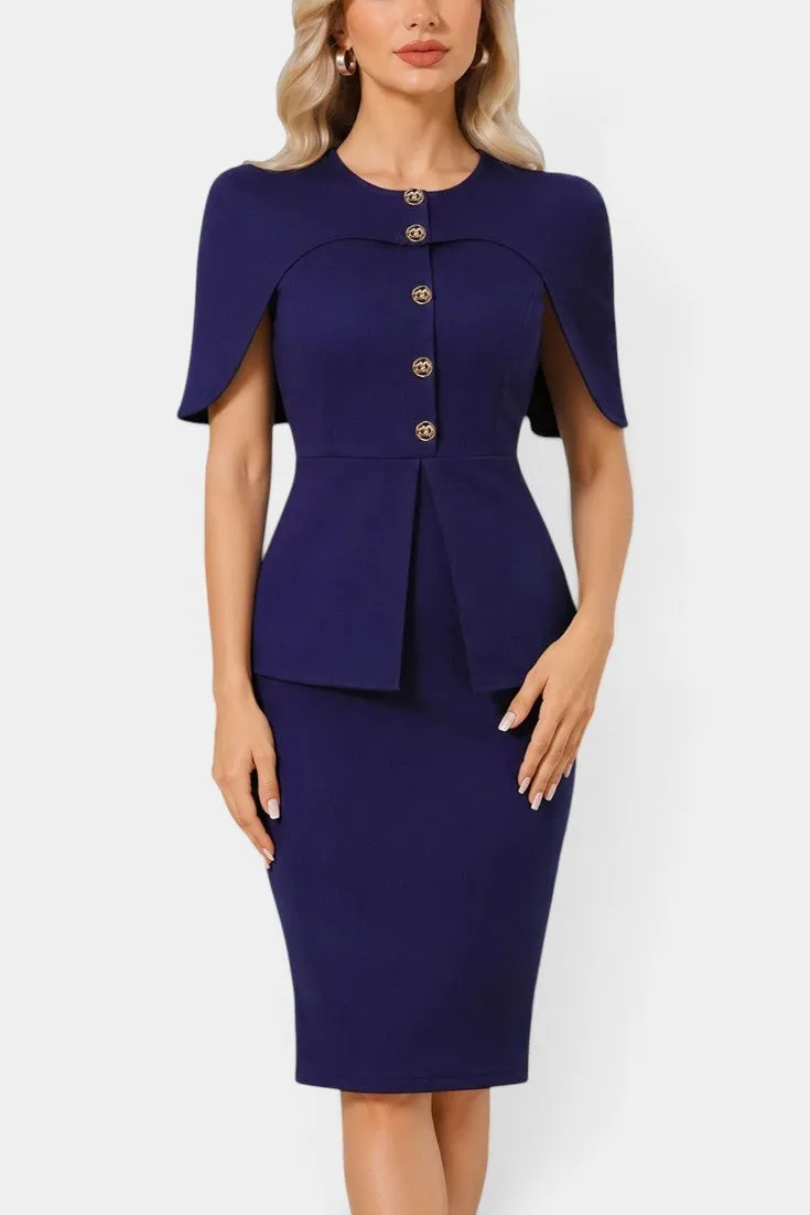 Structured Cape Sleeve Midi Dress with Gold Buttons