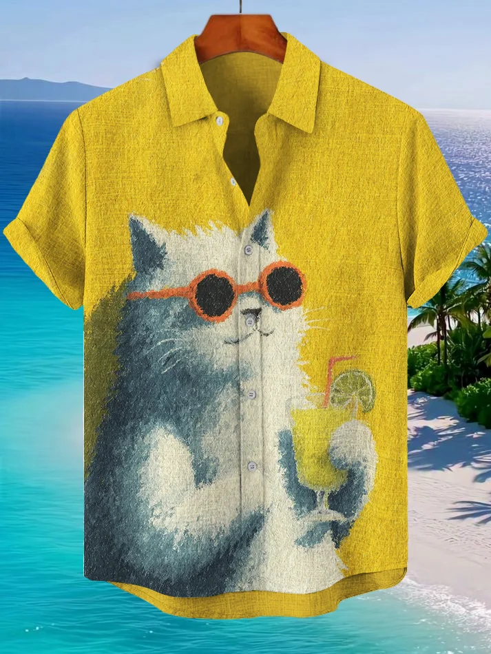 Men's Cool Cat Vacation Style Printed Short Sleeve Shirt