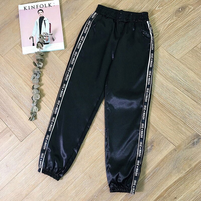 2021 Fashion Women Big Pocket Satin Highlight Pants Glossy Sport Ribbon Trousers BF Harajuku Joggers Sports Pants Gym Leggings