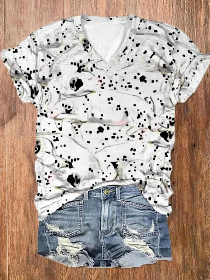 Women's Funny Dalmatian Print V-Neck T-Shirt