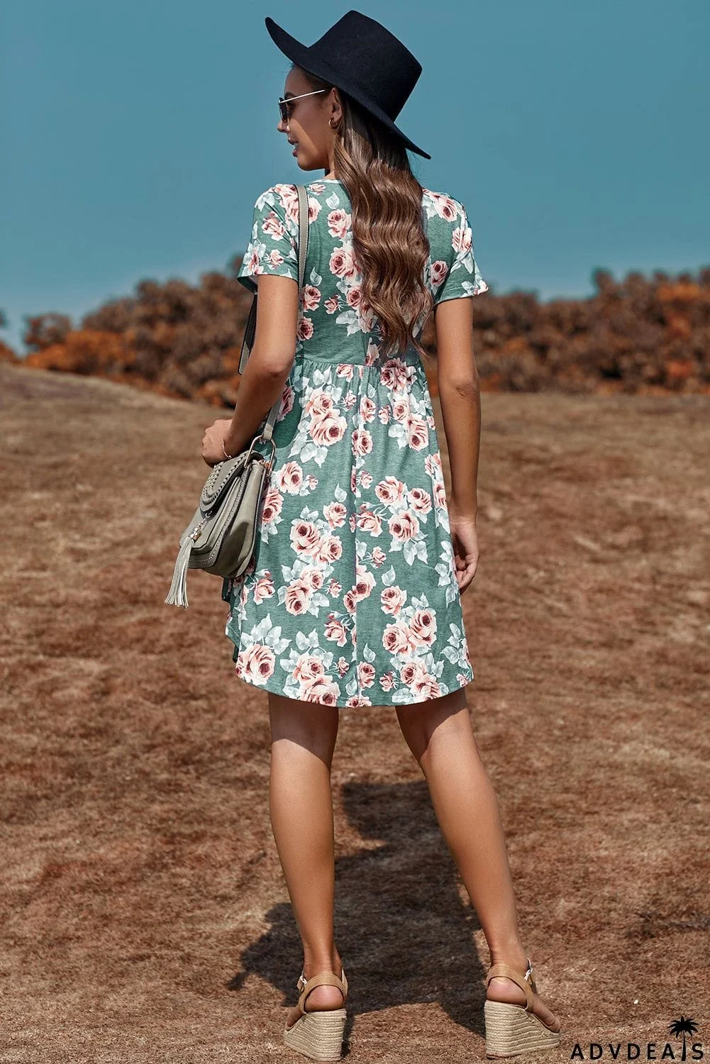 Floral Print Short Sleeve Pleated Mini Dress
